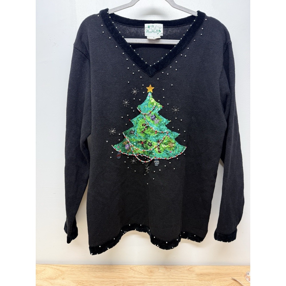 The Quacker Factory Holiday Christmas Tree Sweater XL Black Beaded Vintage #42